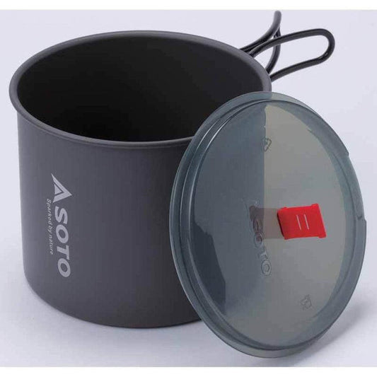A charcoal Soto Outdoors New River Pot with a transparent lid and red latch, shown from the side against a white background.