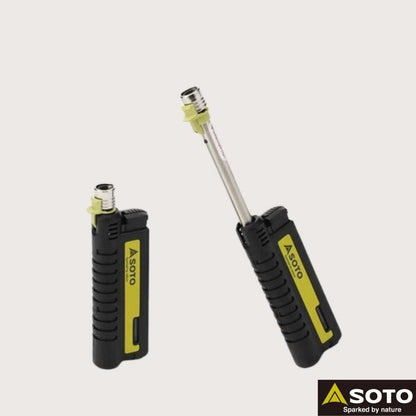 Two views of the Soto Outdoors Pocket Torch XT, one closed and one extended, against a plain white background.