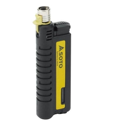A black and yellow Soto Outdoors Pocket Torch XT with a silver nozzle, shown from the side against a white background.