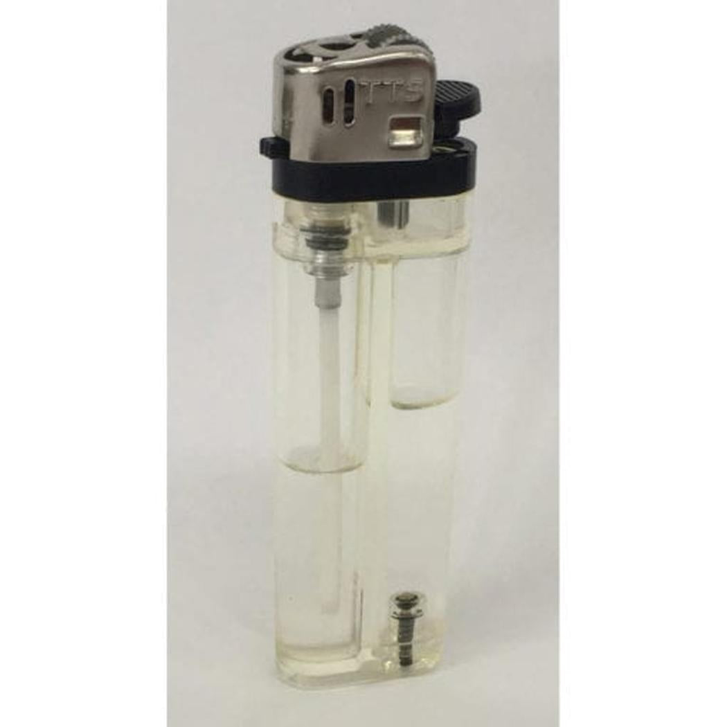 A front view of the Soto Outdoors Pocket Torch with a clear body and silver top against a white background.