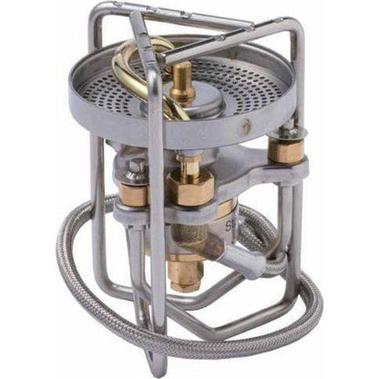 A top-down view of the Soto Outdoors StormBreaker Stove with its metal frame and brass fittings visible against a white background.