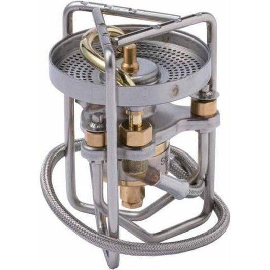 A top-down view of the Soto Outdoors StormBreaker Stove with its metal frame and brass fittings visible against a white background.