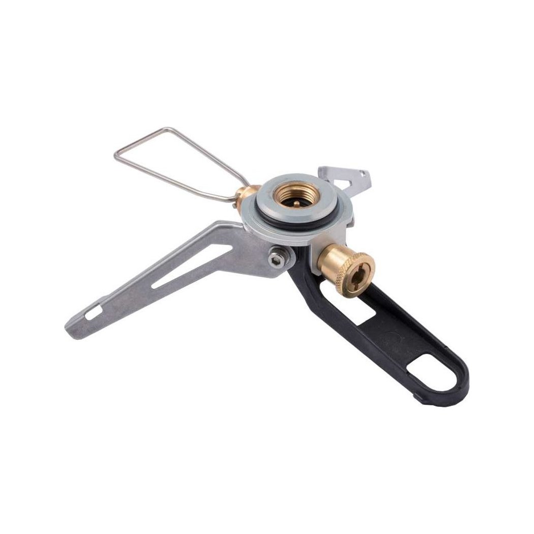 A close-up of the Soto Outdoors StormBreaker Stove with a black handle and silver legs against a white background.