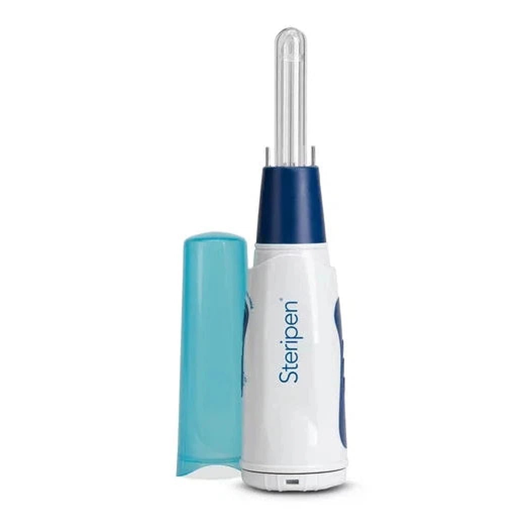 A front view of the Steripen Classic 3 UV Water Purifier with its blue and white body and a light blue protective cap, set against a plain white background.