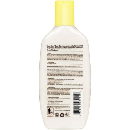 Back view of the Sun Bum After Sun Cool Down Lotion bottle with a yellow cap against a white background.