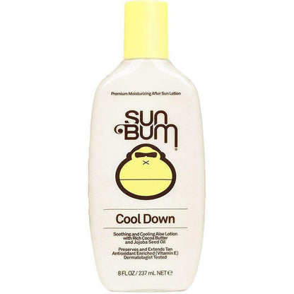 A front view of the Sun Bum After Sun Cool Down Lotion bottle with a yellow cap against a white background.