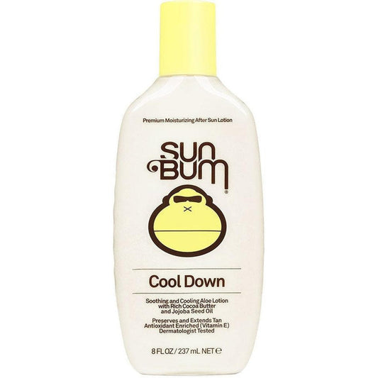 A front view of the Sun Bum After Sun Cool Down Lotion bottle with a yellow cap against a white background.