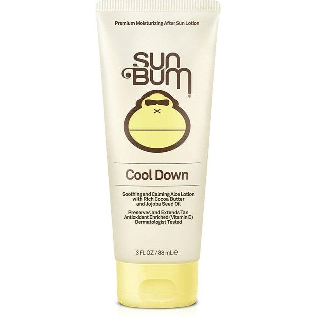 A front view of the Sun Bum Cool Down Lotion 3oz tube with a yellow cap against a white background.