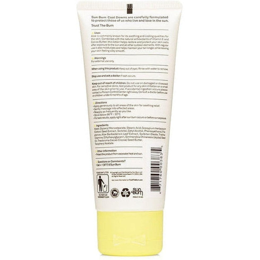 Back view of the Sun Bum Cool Down Lotion 3oz tube with a yellow cap against a white background.