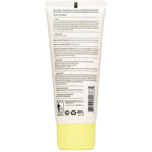 Back view of the Sun Bum Cool Down Lotion 3oz tube with a yellow cap against a white background.