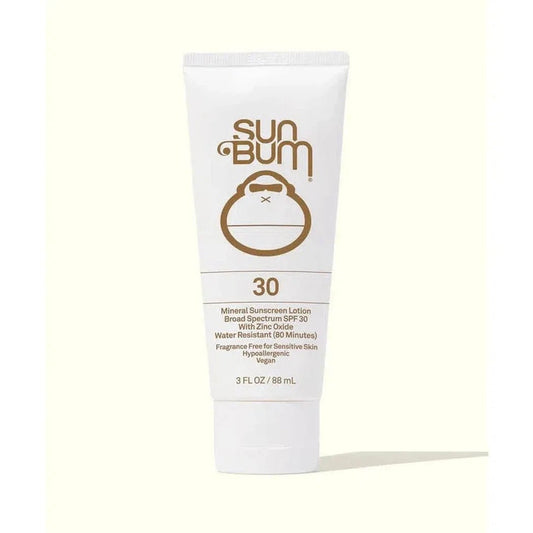 A front view of the Sun Bum Mineral SPF 30 Sunscreen Lotion tube against a light background.