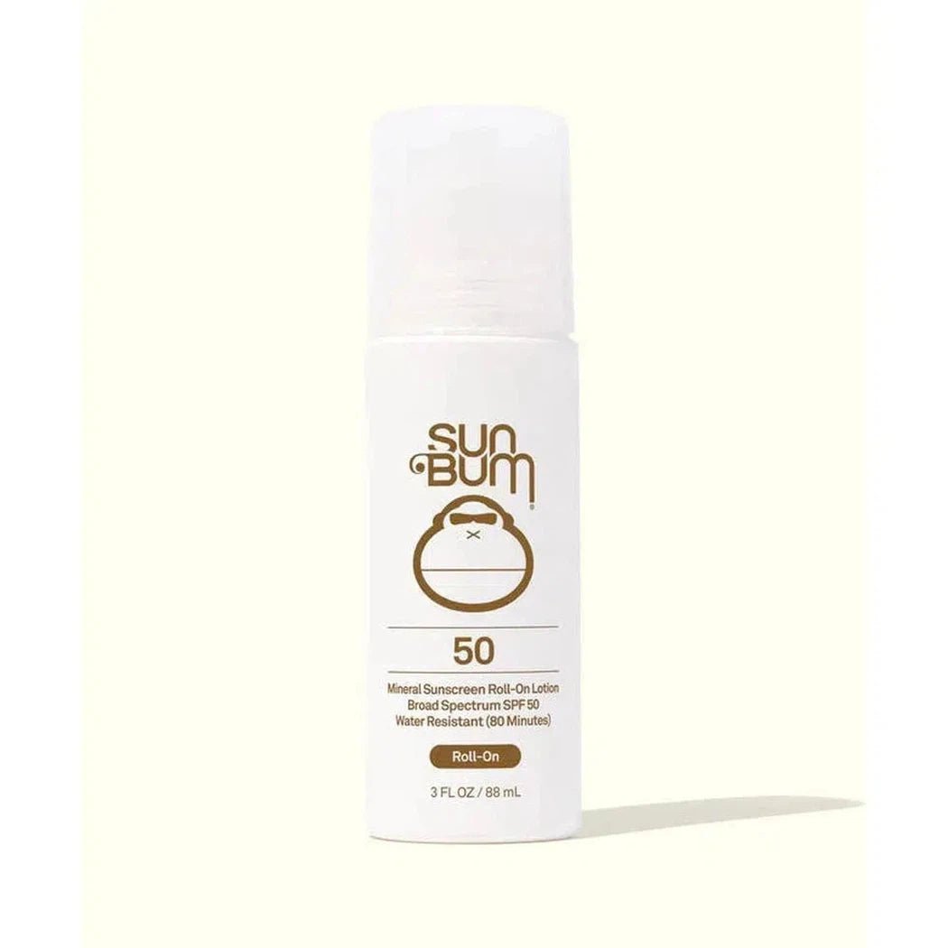 A front view of the Sun Bum Mineral SPF 50 Roll On bottle against a light background.