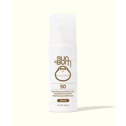 A front view of the Sun Bum Mineral SPF 50 Roll On bottle against a light background.
