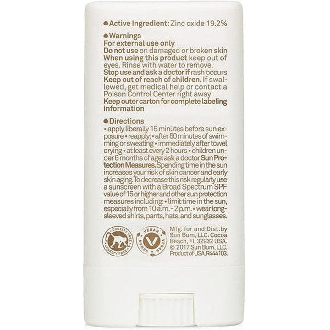 Back view of the Sun Bum Mineral SPF 50 Sunscreen Face Stick showing the active ingredient and directions text on a white background.