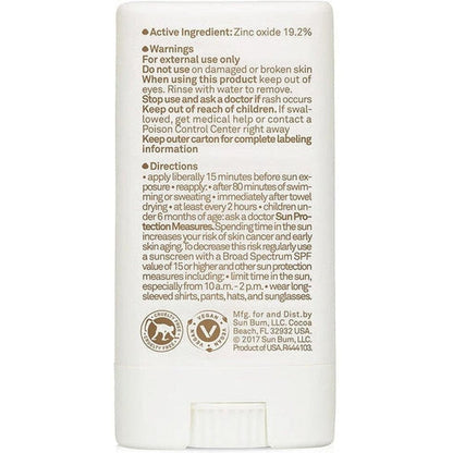 Back view of the Sun Bum Mineral SPF 50 Sunscreen Face Stick showing the active ingredient and directions text on a white background.