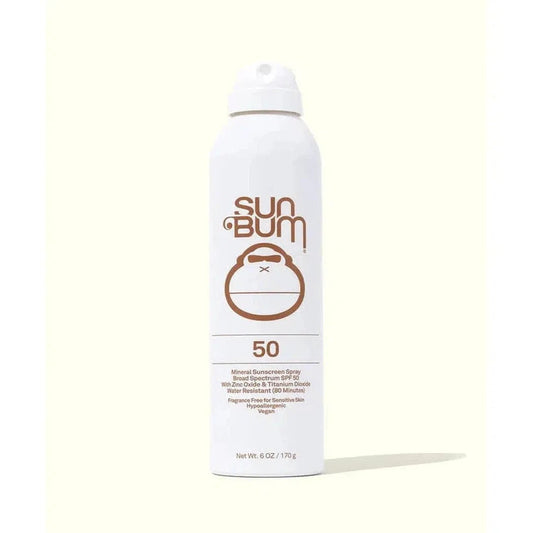 A front view of the Sun Bum Mineral SPF 50 Sunscreen Spray can against a light background.