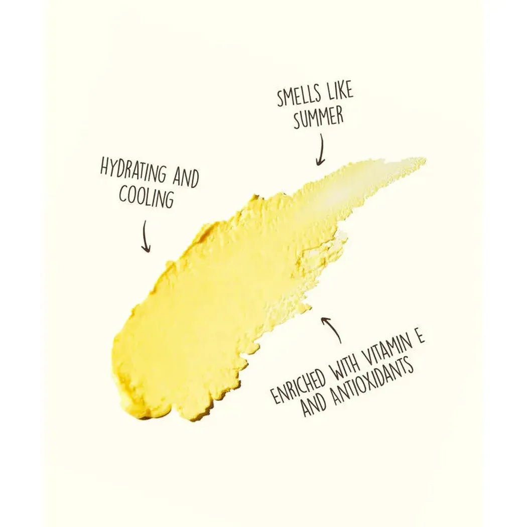 A swatch of yellow Sun Bum OG SPF 50 Face + Body Stick with text describing its hydrating, cooling, and vitamin E-enriched features.