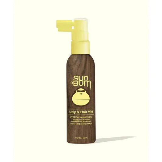 A front view of the Sun Bum SPF 30 Protecting Scalp & Hair Mist spray bottle with a yellow pump against a white background.