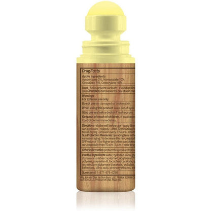 A front view of the Sun Bum SPF 50 Original Roller Ball with a brown label and yellow cap against a white background.