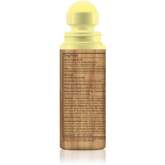 A front view of the Sun Bum SPF 50 Original Roller Ball with a brown label and yellow cap against a white background.