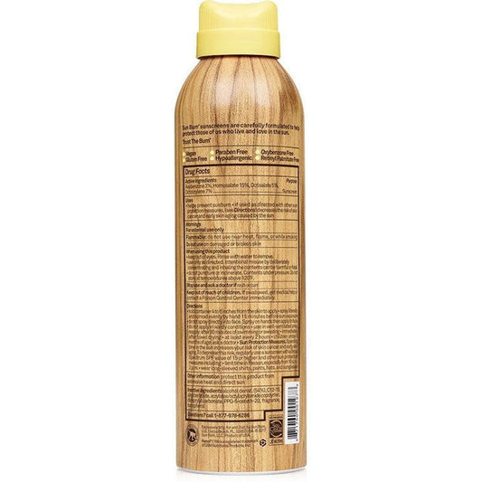 Back view of the Sun Bum SPF 50 Sunscreen Spray can with a yellow cap and nutritional facts label against a white background.