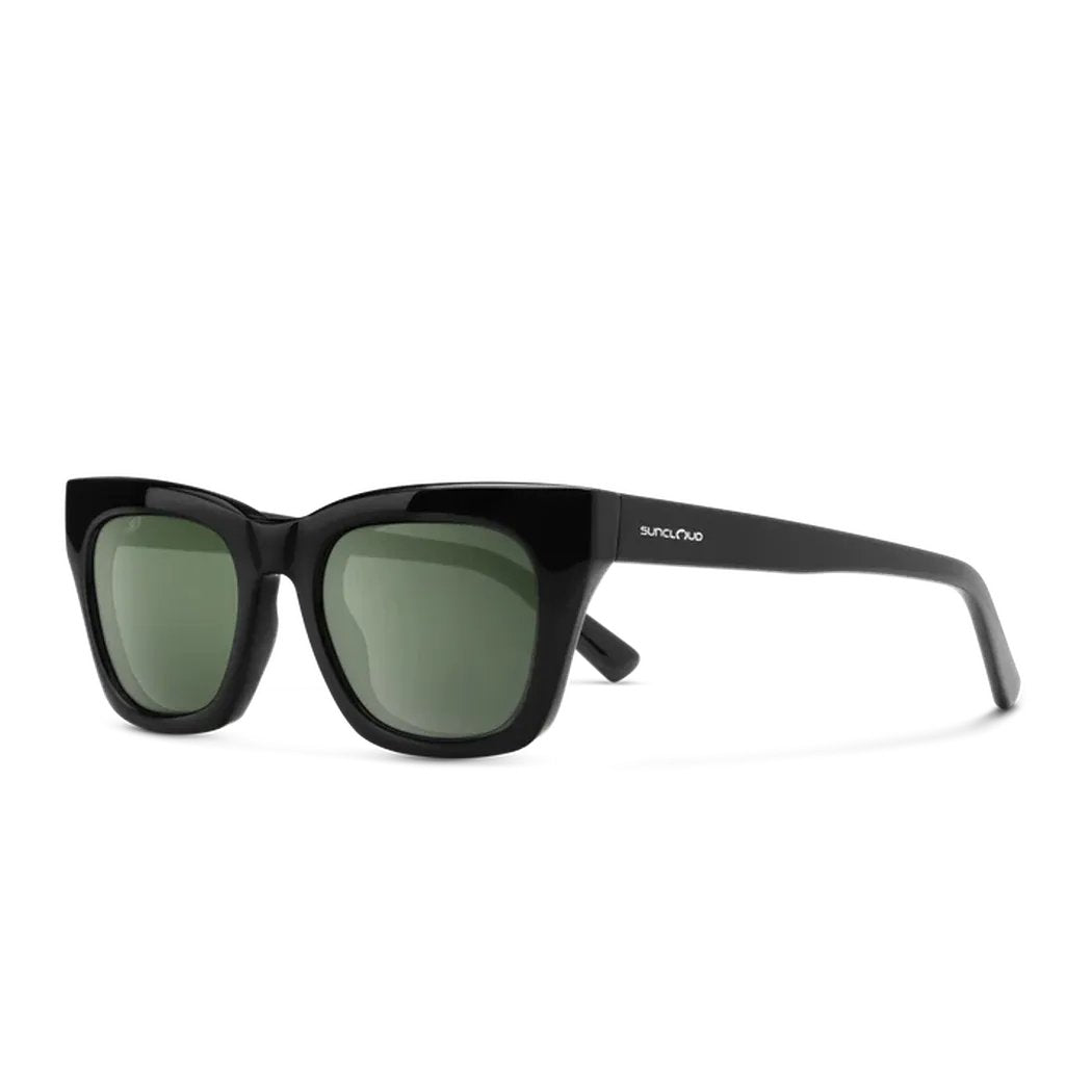 Side view of the Suncloud Allora sunglasses in Black with green lenses against a white background.