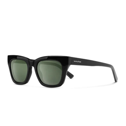 Side view of the Suncloud Allora sunglasses in Black with green lenses against a white background.