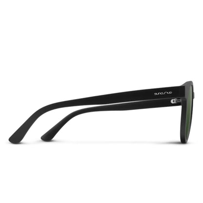 Side view of the Suncloud Barnes sunglasses in Matte Black with a white background.