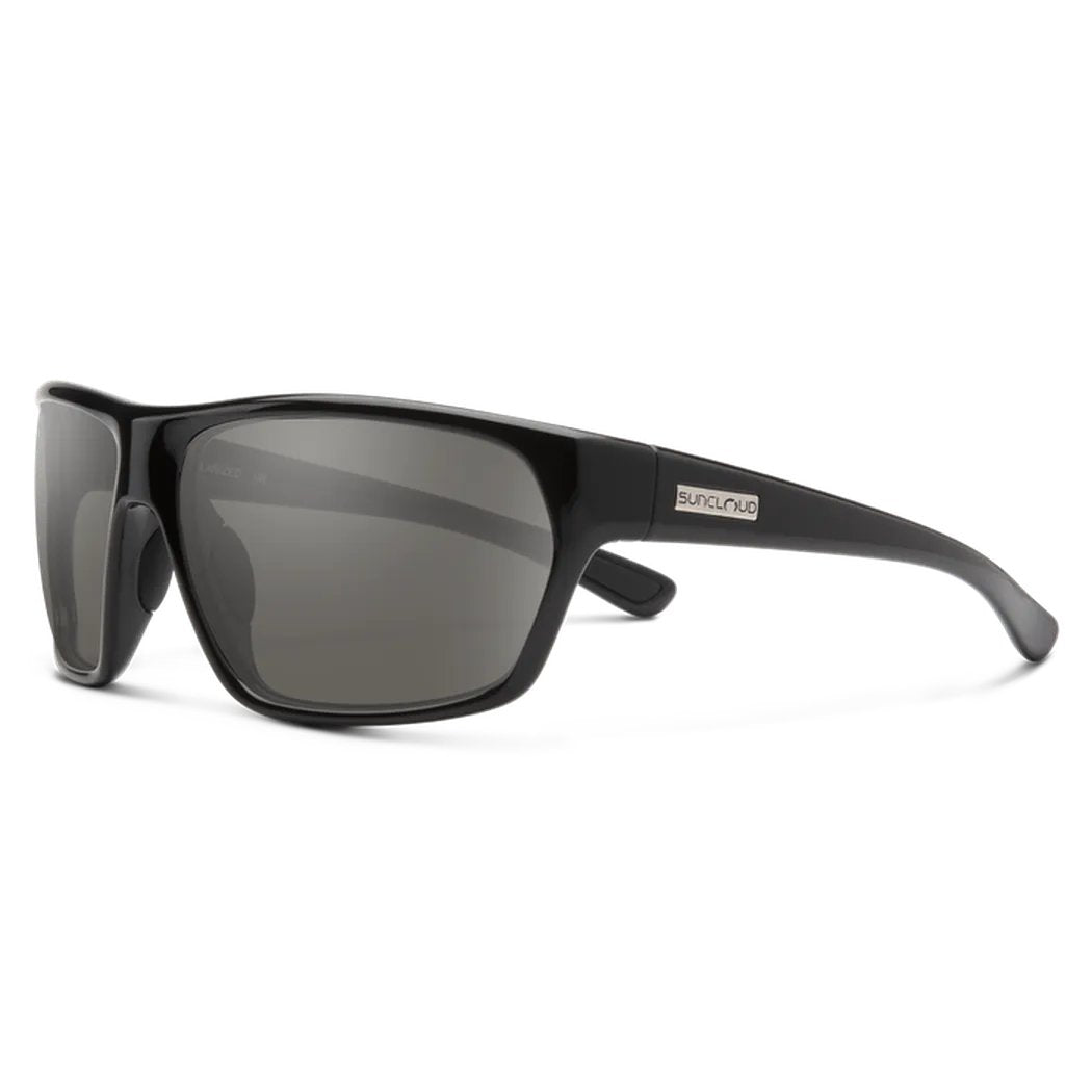 Side view of the Suncloud Boone sunglasses in Black with dark gray lenses against a white background.