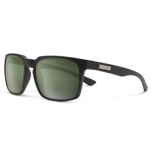 Side view of the Suncloud Hundo sunglasses in Black with green lenses against a white background.