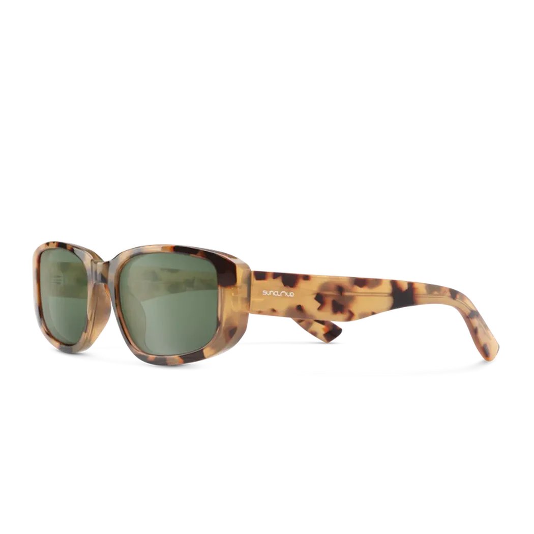 Side view of the Suncloud Lane sunglasses in Black with tortoiseshell frames and green lenses against a white background.