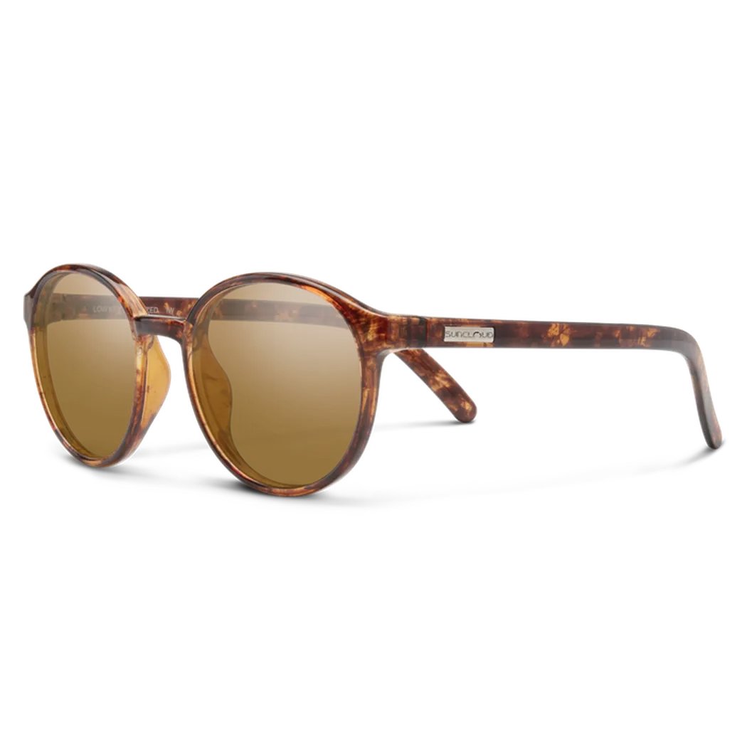 Side view of the Suncloud Low Key sunglasses in Crystal Peach with tortoiseshell frames and brown lenses against a white background.