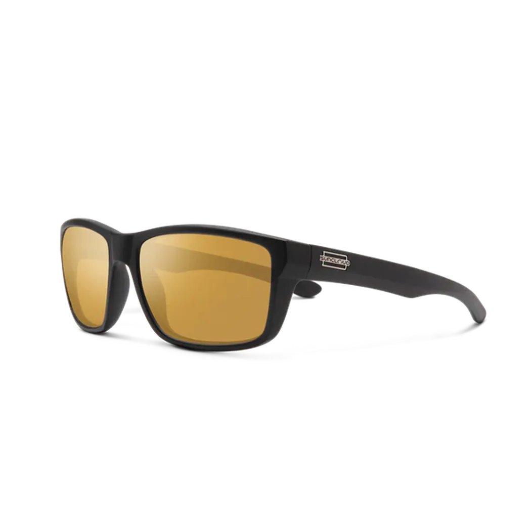 Side view of the Suncloud Mayor sunglasses with matte tortoise frames and amber lenses against a white background.