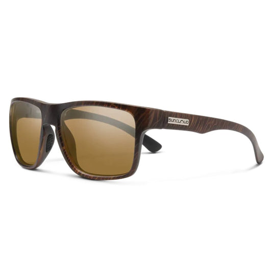 Side view of the Suncloud Rambler sunglasses in Blackened Tortoise with brown lenses against a white background.