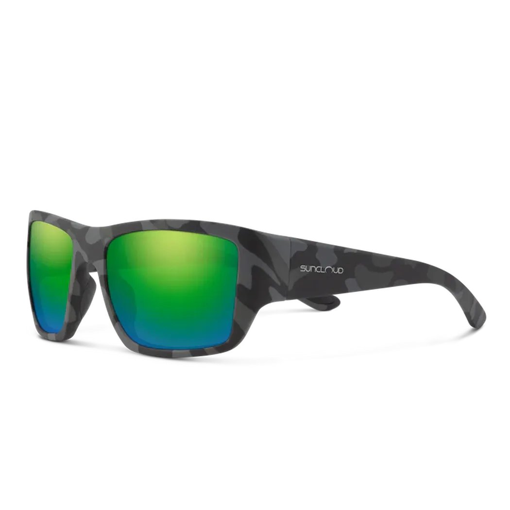 Side view of the Suncloud Sculpin sunglasses with green reflective lenses against a white background.