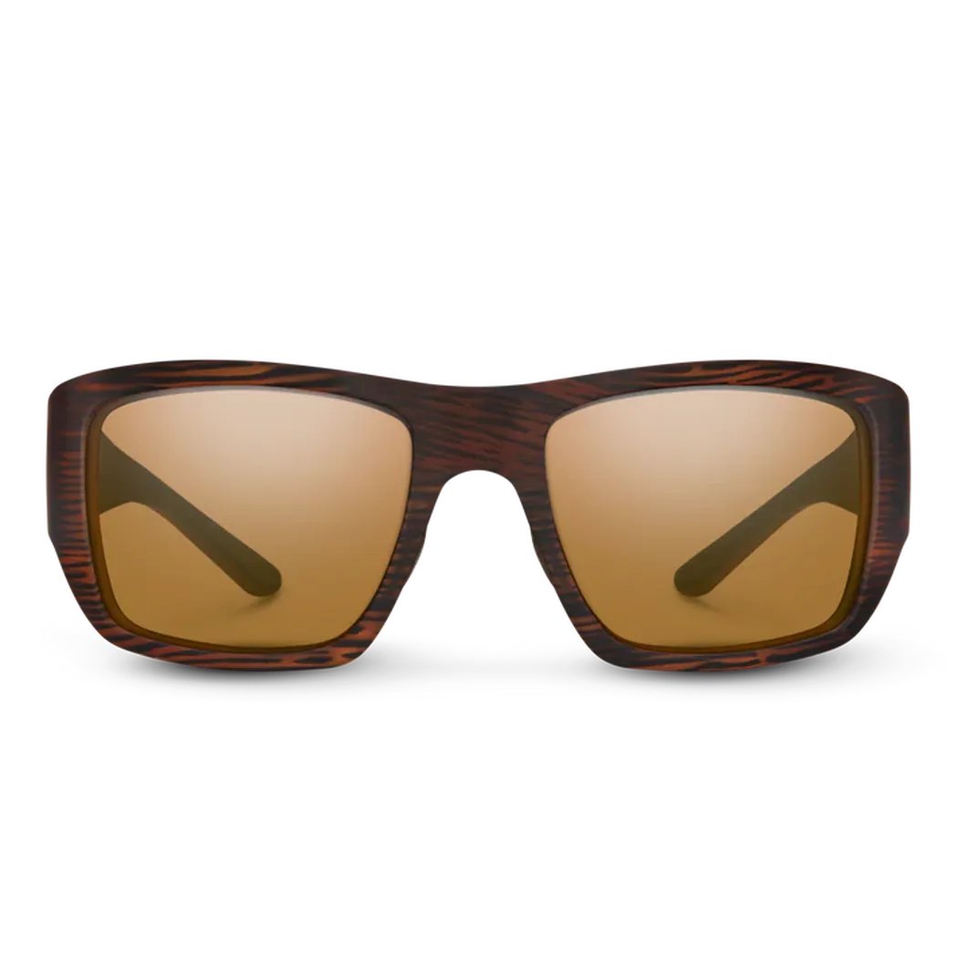 Front view of the Suncloud Sculpin sunglasses with matte black frames and brown lenses against a white background.