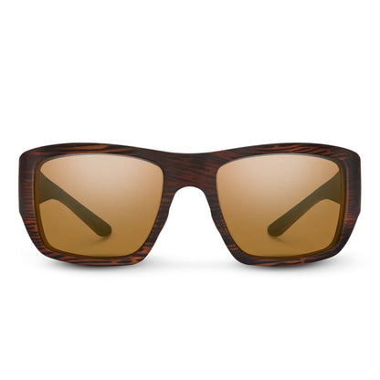 Front view of the Suncloud Sculpin sunglasses with matte black frames and brown lenses against a white background.