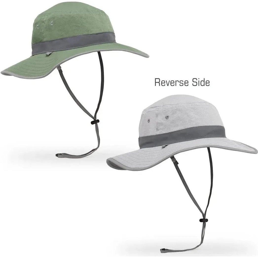 Two views of the Sunday Afternoons Clear Creek Boonie hat in Eucalyptus/Pumice, showing the reverse side and chin strap.