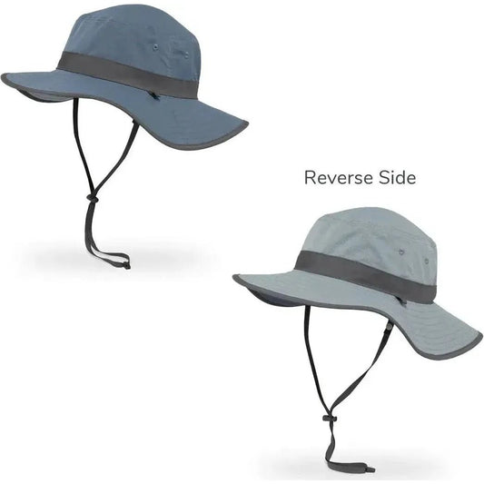 Two views of the Eucalyptus/Pumice Sunday Afternoons Clear Creek Boonie hat with chin straps, one labeled "Reverse Side".