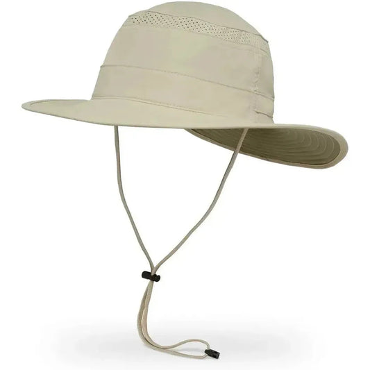 A front view of the Sunday Afternoons Cruiser Hat in Cream/Sand with a chin cord and wide brim against a white background.