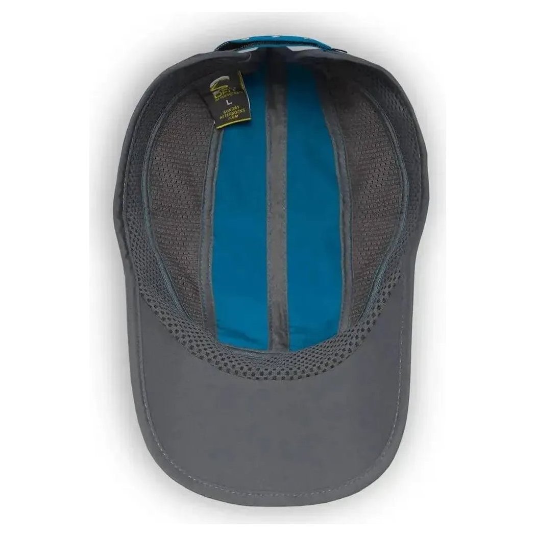 Top view of the Sunday Afternoons Eclipse Cap in Bluestone showing the mesh interior and blue stripe against a white background.