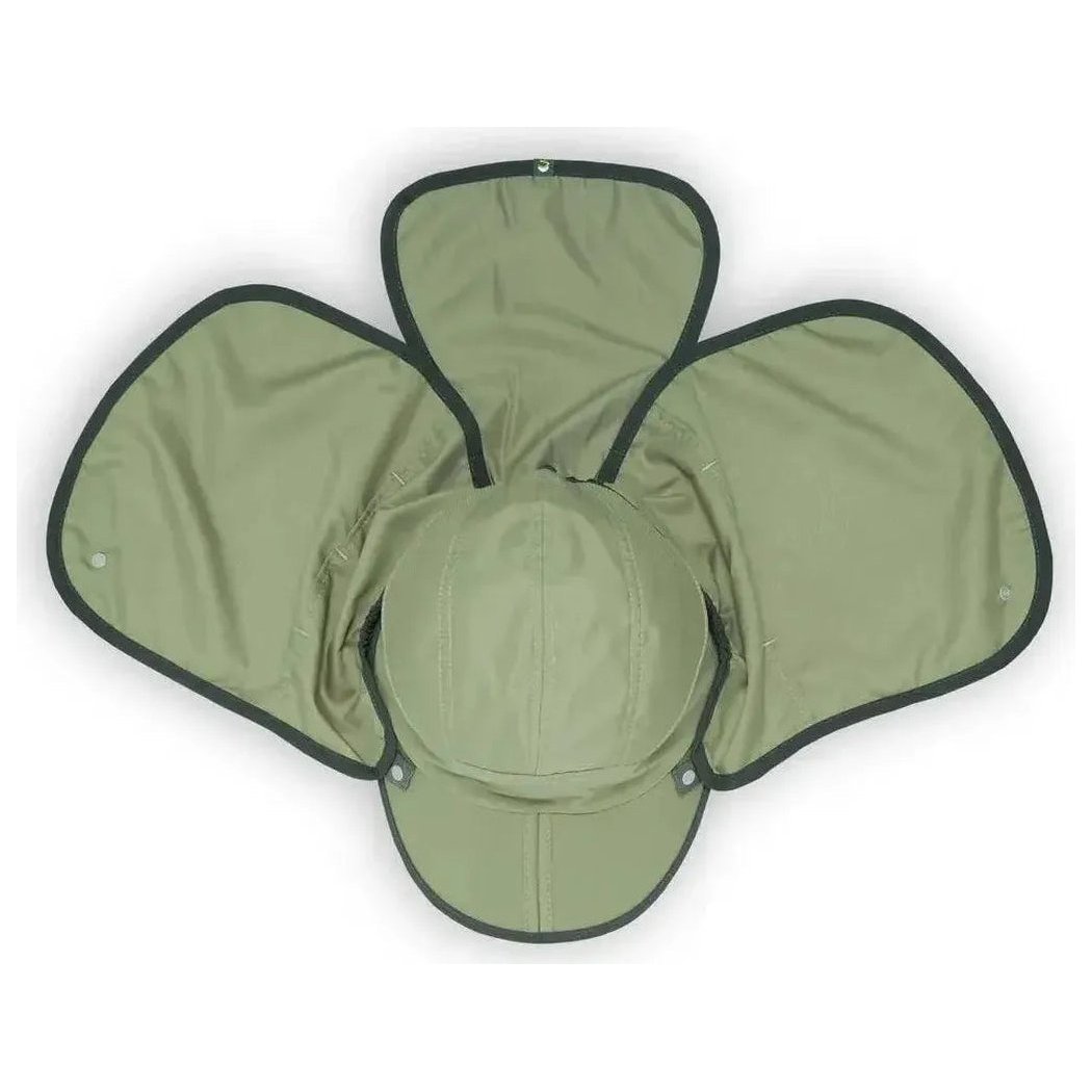 A top-down view of the Sunday Afternoons Sun Guide Cap in Sandstone with extended sun flaps against a white background.