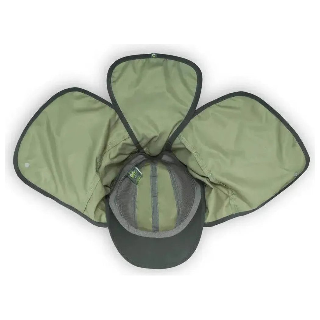 The Sunday Afternoons Sun Guide Cap in Sandstone is displayed open with its three attached sun flaps spread out, showing the interior mesh and tag, against a plain white background.
