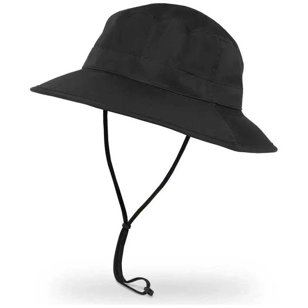 A black Sunday Afternoons Ultra Storm Bucket hat with a chin strap, photographed from above against a white background.