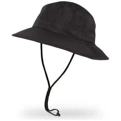 A black Sunday Afternoons Ultra Storm Bucket hat with a chin strap, photographed from above against a white background.