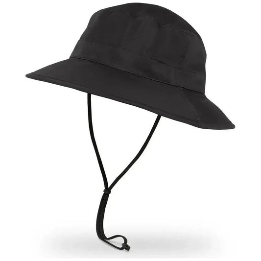A black Sunday Afternoons Ultra Storm Bucket hat with a chin strap, photographed from above against a white background.