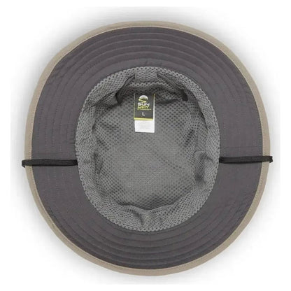 Top view of the Sunday Afternoons Ultra Storm Bucket hat in Carbon color showing the interior mesh lining and size tag against a white background.