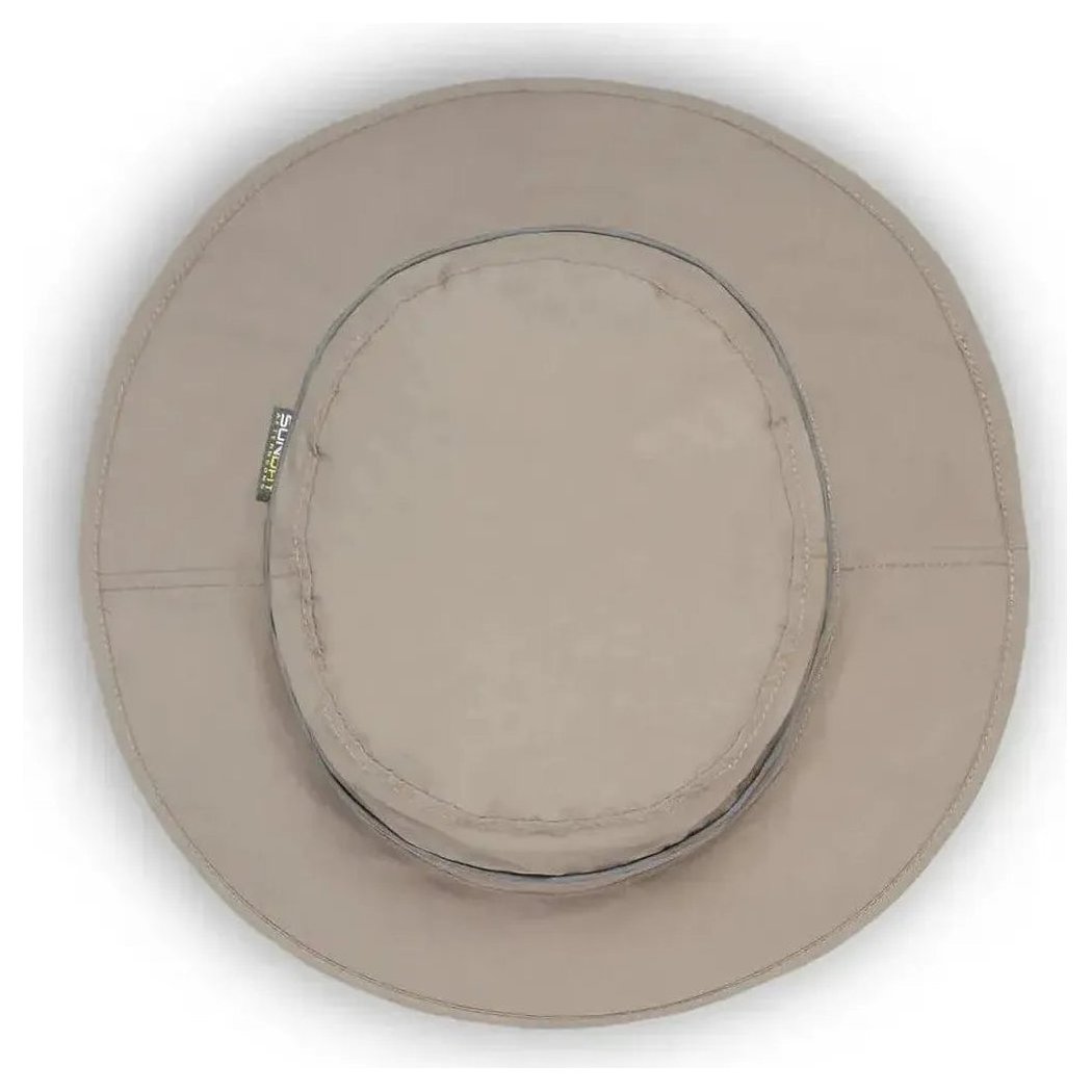 A top-down view of the Sunday Afternoons Ultra Storm Bucket in Carbon color, showing the wide brim and a small tag on the left side against a white background.