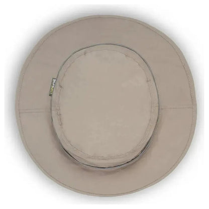 A top-down view of the Sunday Afternoons Ultra Storm Bucket in Carbon color, showing the wide brim and a small tag on the left side against a white background.