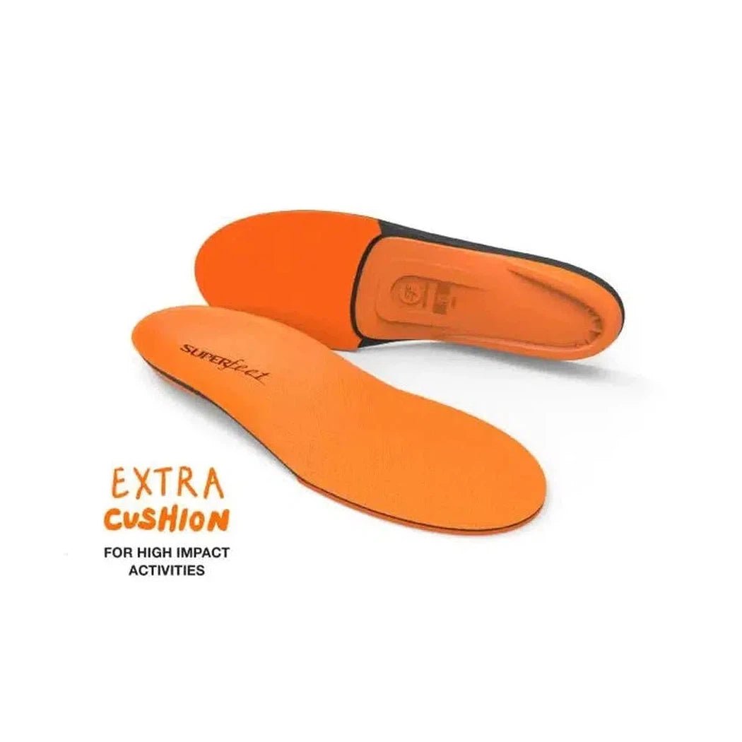 Orange Superfeet insoles with "EXTRA CUSHION" text on a white background.